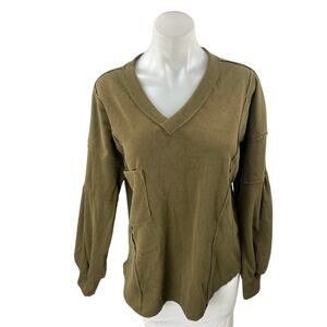 BTFBM Women's Olive Green Rib Knit V-neck Long Sleeve Pocket Sweatshirt Top Sz S